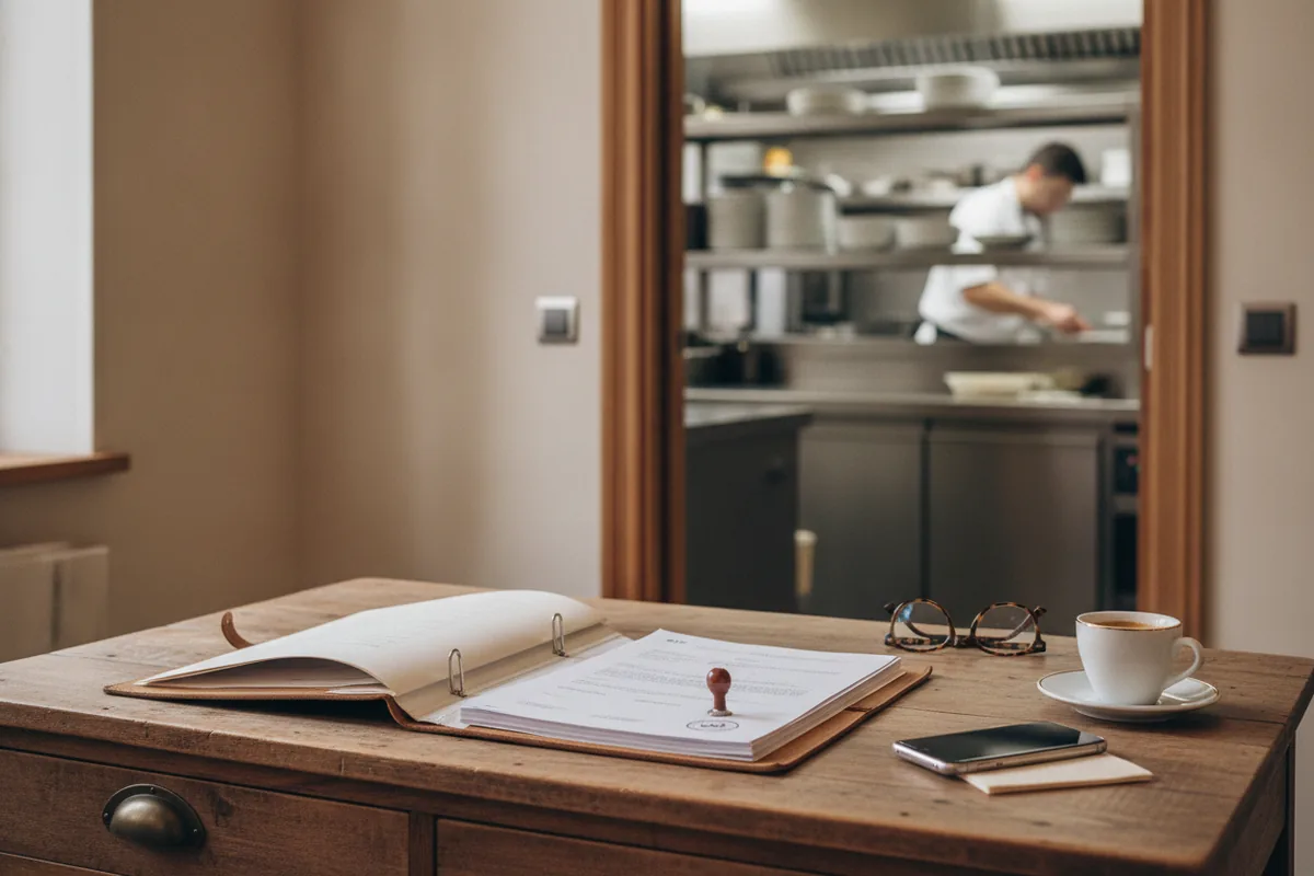 Le bureau d'un restaurant : un classeur de documents officiels, un tampon, un café, la cuisine en arrière-plan
